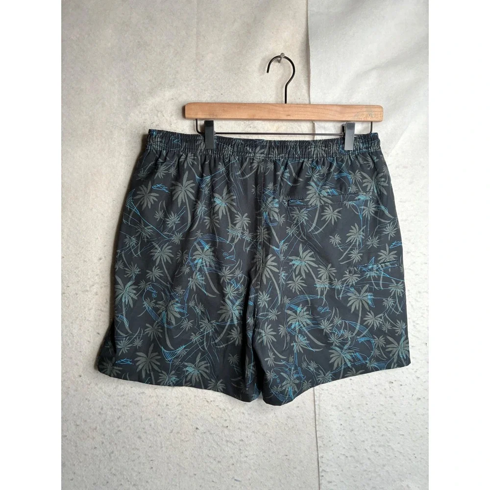 Huk Performance Fishing Shorts Mens Large Black Teal Tropical Palm Fish Print